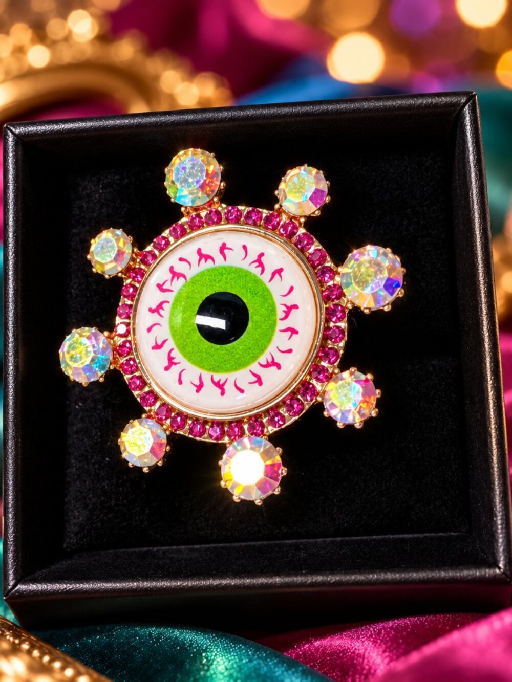 Betsey Johnson Green Eyeball Stretch Ring Halloween Gothic Crystal Statement NWT